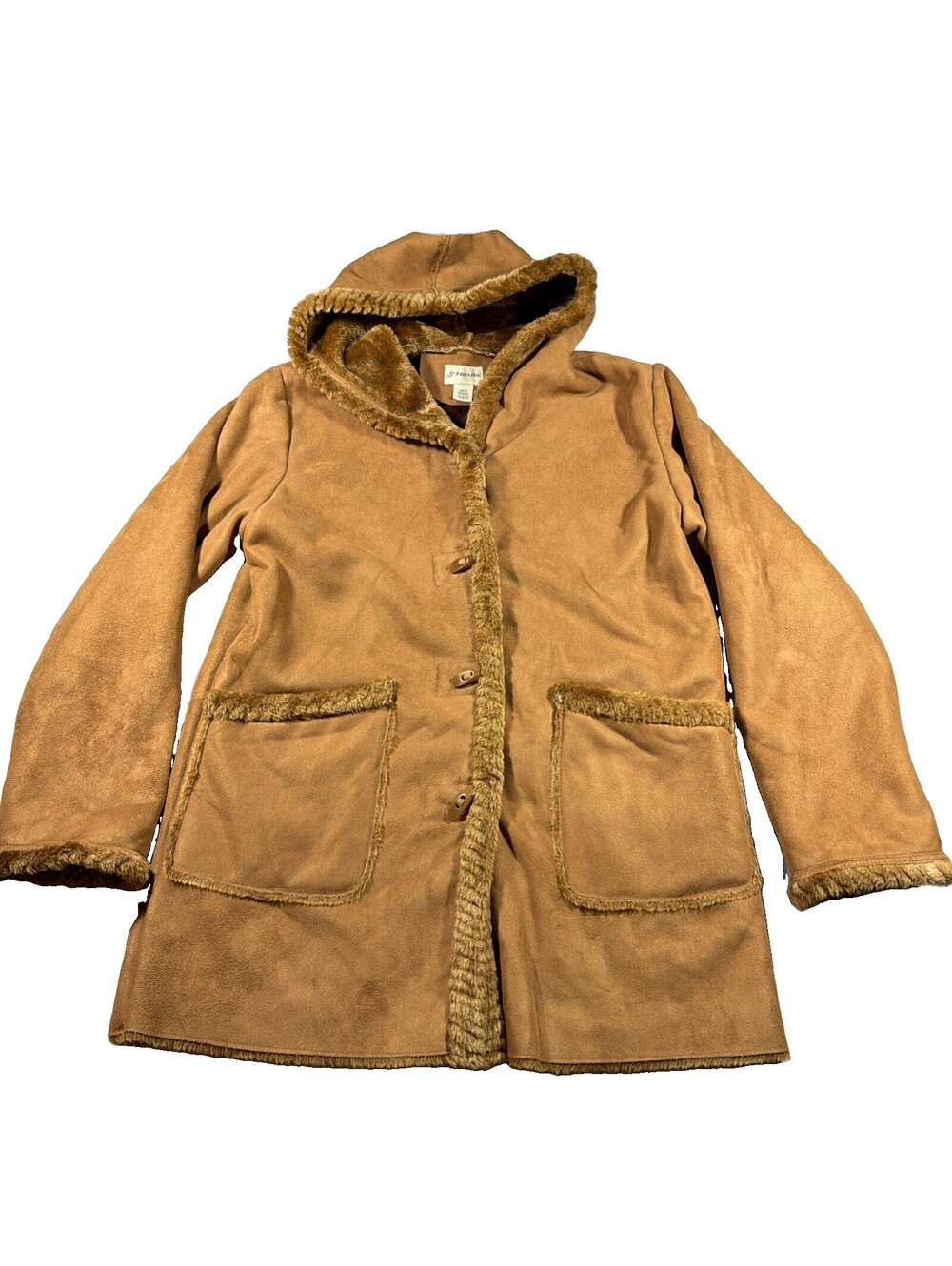 St. John's Bay Women's L Faux Suede Shearling Hood Toggle Coat Camel Brown 0196